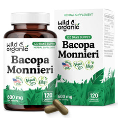 Wild & Organic Bacopa bottle front showing vegan brain support capsules.
