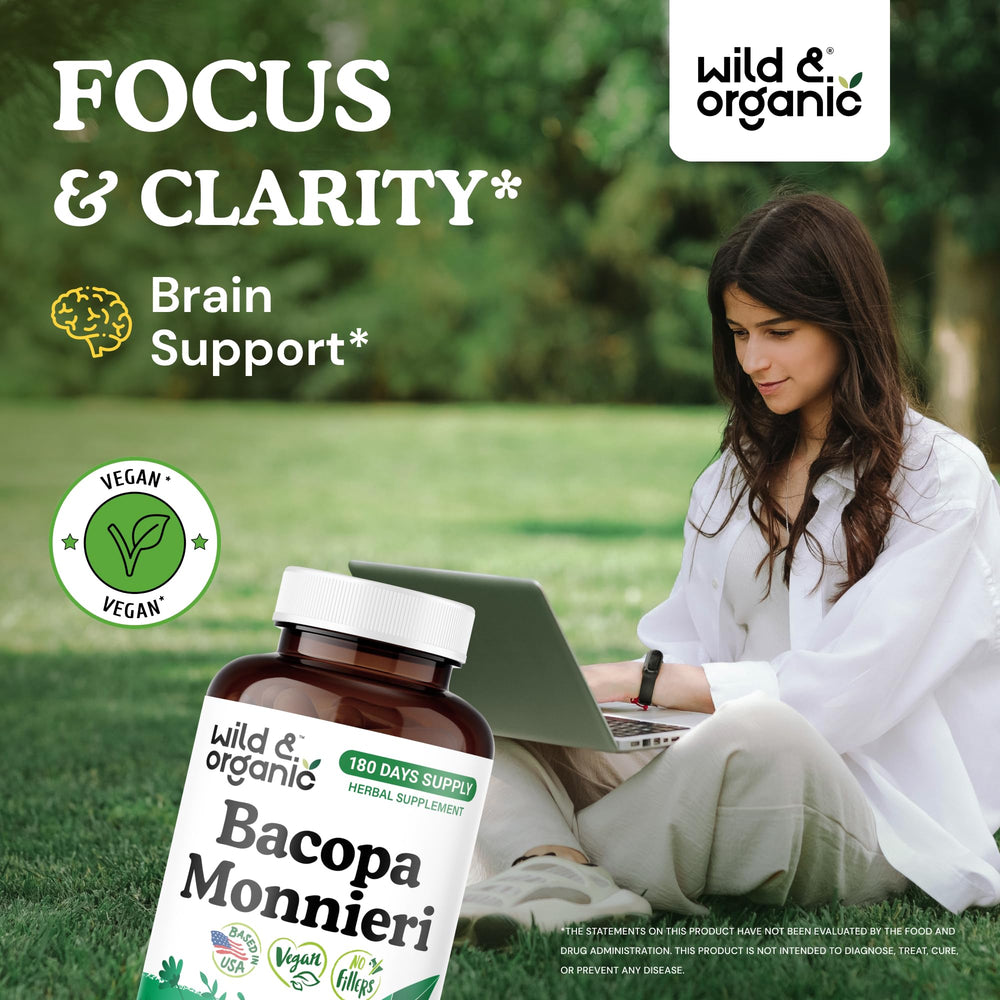 Wild & Organic Bacopa Monnieri capsules closeup shows 600 mg dosage