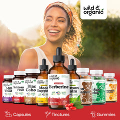 Wild & Organic Berberine Drops ingredients panel featuring vegan formulation