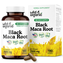 Wild & Organic black maca root capsules bottle for daily wellness support.