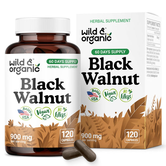 Wild and Organic Black Walnut Hull Capsules bottle for daily detox support