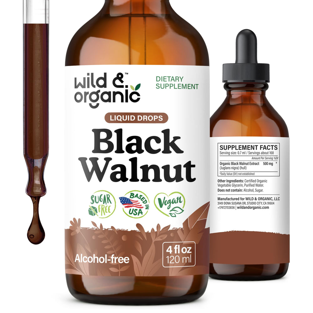 Wild and Organic Black Walnut Tincture bottle shows vegan detox support for daily digestive wellness.