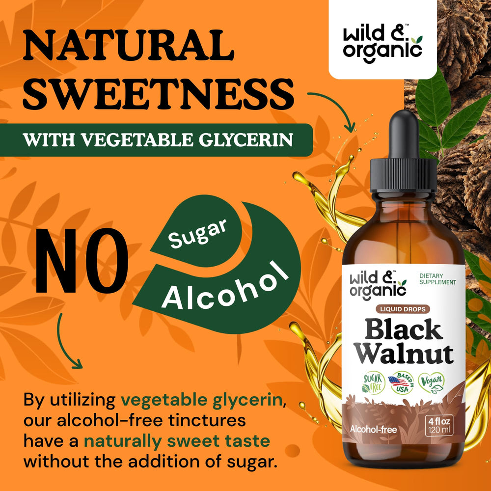 Wild and Organic Black Walnut tincture ingredient chart highlights 500 mg hull extract per serving.