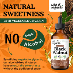 Wild and Organic Black Walnut tincture ingredient chart highlights 500 mg hull extract per serving.