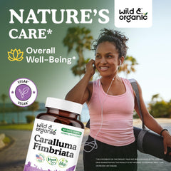 Close-up of Wild & Organic Caralluma Fimbriata capsules for daily use.