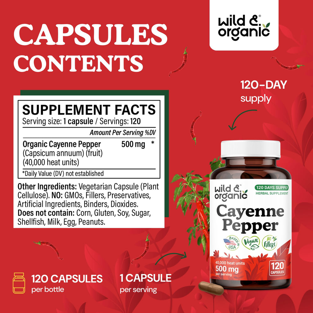 Wild & Organic cayenne bottle label detail with vegan non-GMO claim