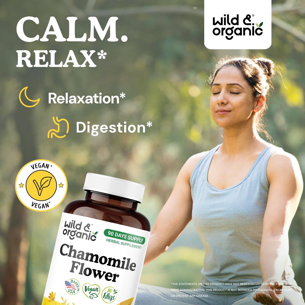 Wild & Organic Chamomile Extract Capsules bottle-label highlights vegan, non-GMO formula.