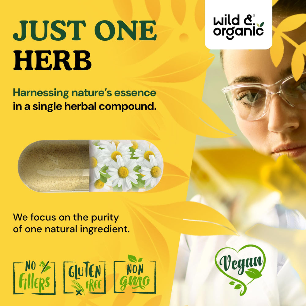 Wild & Organic Chamomile Extract Capsules chamomile-flowers view hints at natural Matricaria Recutita.