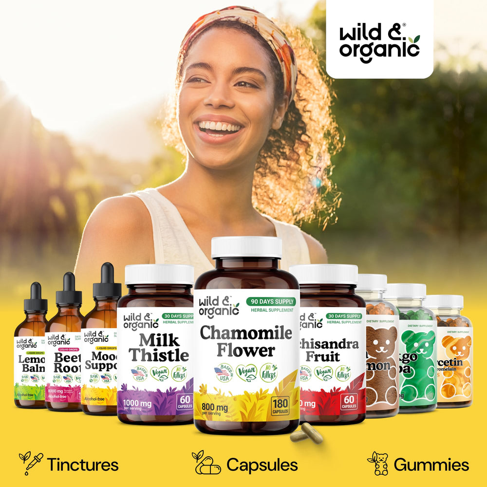 Wild & Organic Chamomile Extract Capsules vegan-packaging highlights plant-based coating.