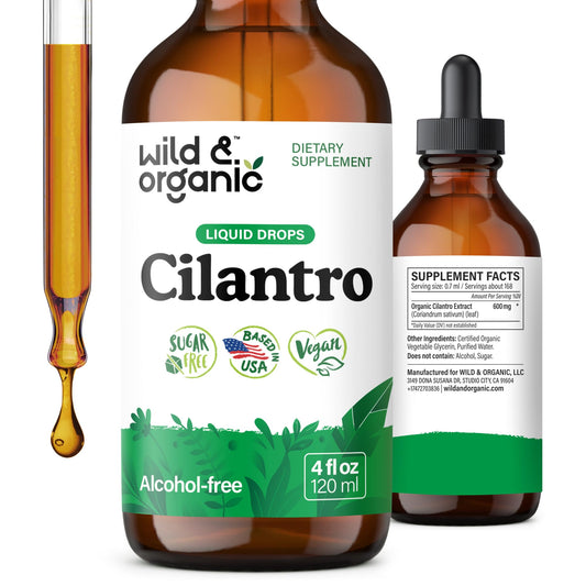 Wild & Organic cilantro tincture bottle on countertop for easy daily use