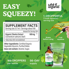 Wild & Organic cilantro tincture label closeup with vegan, GMO-free details