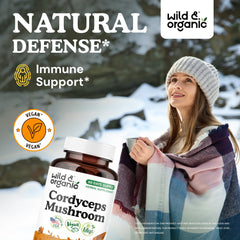 Wild & Organic Cordyceps bottle label, ideal for a vegan supplement routine.