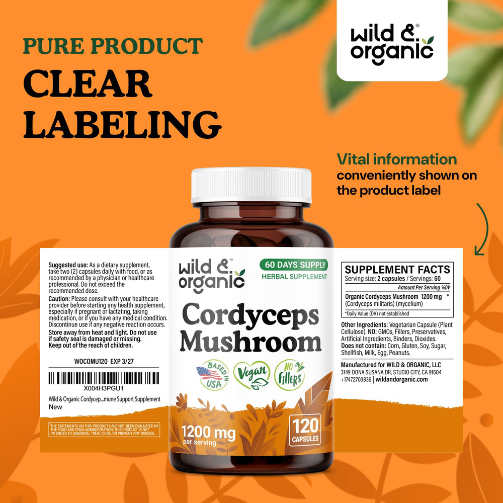 Wild & Organic cordyceps mushroom powder inside capsules for potency.