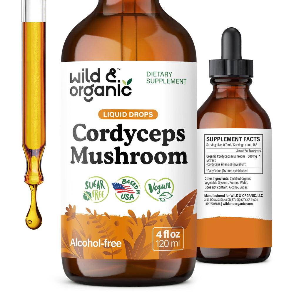 Wild & Organic Cordyceps tincture bottle highlighting vegan formula for energy support