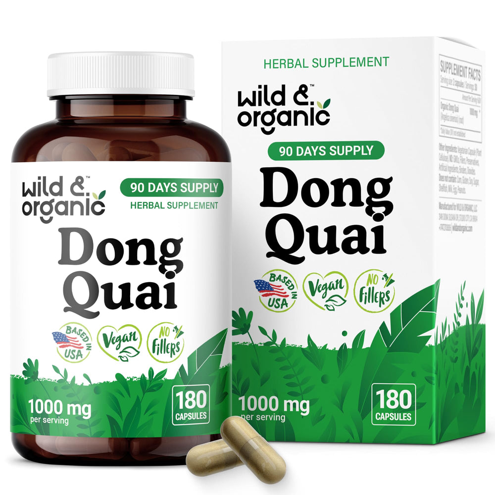 Wild & Organic Dong Quai capsules bottle close-up signaling menopause-friendly daily support.
