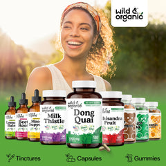 Wild & Organic Dong Quai capsules show vegan and gluten-free symbols.