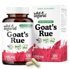 Wild & Organic Goats Rue capsules bottle front indicating vegan lactation support