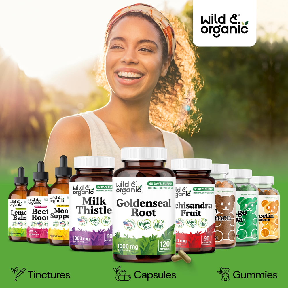 Wild & Organic capsules on natural backdrop suggesting herbal wellness.