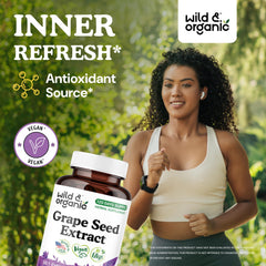 Close-up of Wild & Organic grape seed extract capsules highlighting easy daily dosing