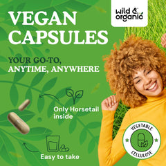 Wild & Organic Horsetail Capsules ingredients image emphasizes plant-based coating.