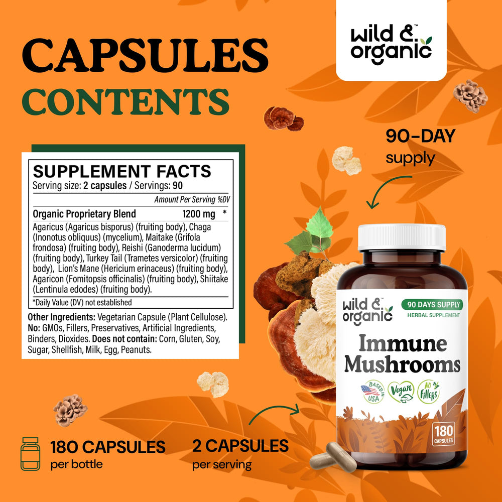 Pouring Wild and Organic Immune Mushroom Blend capsules illustrates easy daily dosage