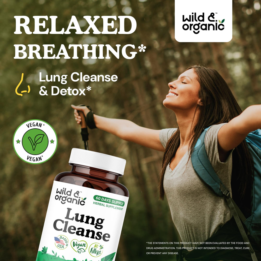 Wild & Organic Lung Cleanse capsules close-up showing vegan capsules.