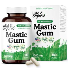 Wild & Organic Mastic Gum capsules in bottle for gut support