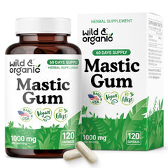 Wild & Organic mastic gum capsules bottle front for a two-month supply and gut support