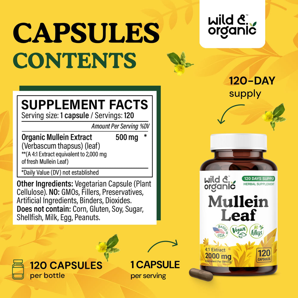 Wild and Organic Mullein Capsules capsules close-up showing smooth coating