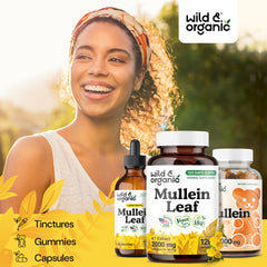 Packaging showing 120-count 4-month supply of Wild and Organic mullein capsules