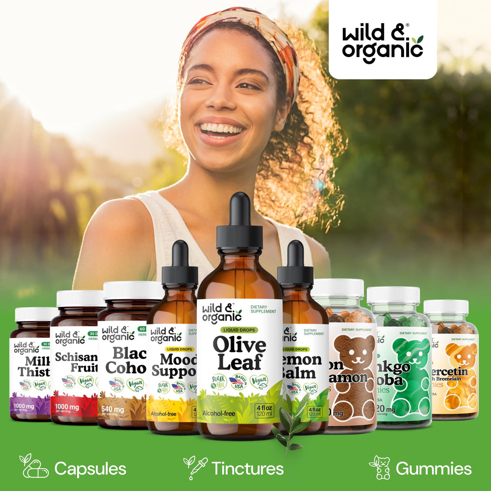Wild & Organic olive leaf liquid dosage info indicating 84-day supply