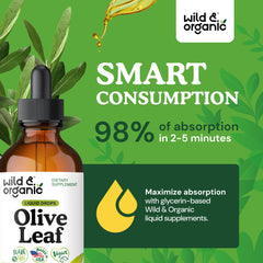 Wild & Organic olive leaf liquid label closeup showing vegan, GMO-free formula