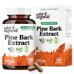 Wild and Organic Pine Bark Extract Capsules bottle with vegan, non-GMO formula for daily antioxidant support.