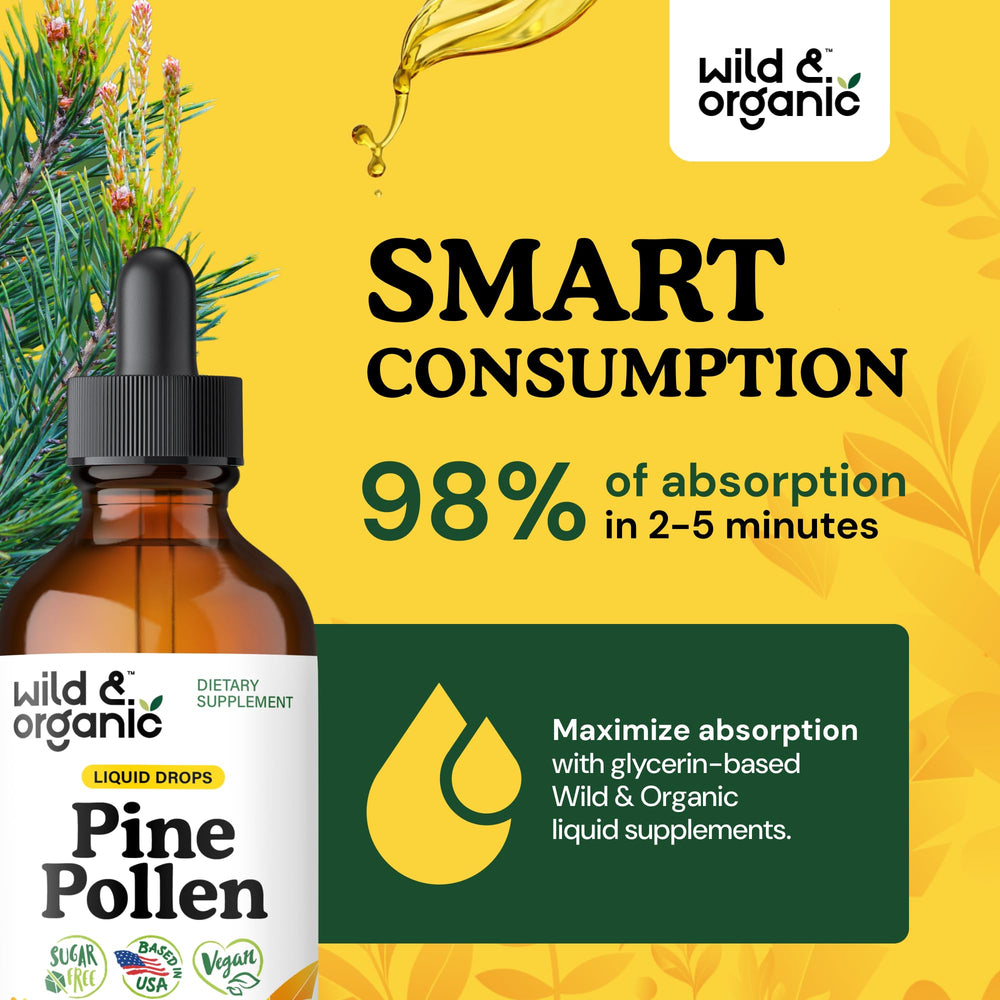 Wild & Organic Pine Pollen ingredients label showing vegan and GMO-free formula