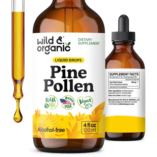Wild & Organic Pine Pollen Tincture bottle on desk, vegan and alcohol-free for daily wellness