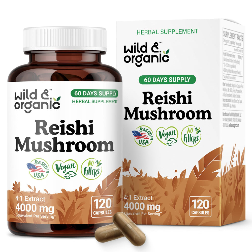 Wild & Organic Reishi capsules bottle for convenient daily immune support