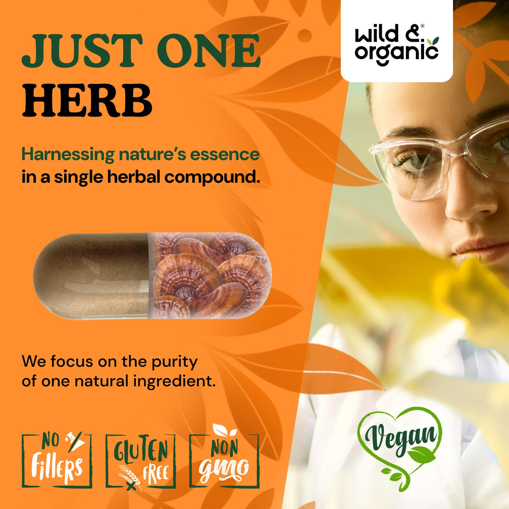 Wild & Organic Reishi capsules bottle emphasizes vegan coating and gluten free formula