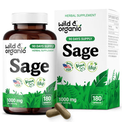 Wild & Organic sage capsules bottle front showing product details and packaging for easy daily use