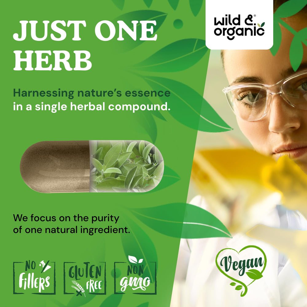 Wild & Organic sage capsules highlighting plant-based cellulose coating for vegan use