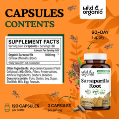Wild & Organic sarsaparilla capsules being poured for easy daily intake.