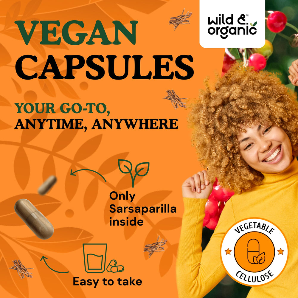 Wild & Organic sarsaparilla root powder close-up reveals natural plant-based formula.