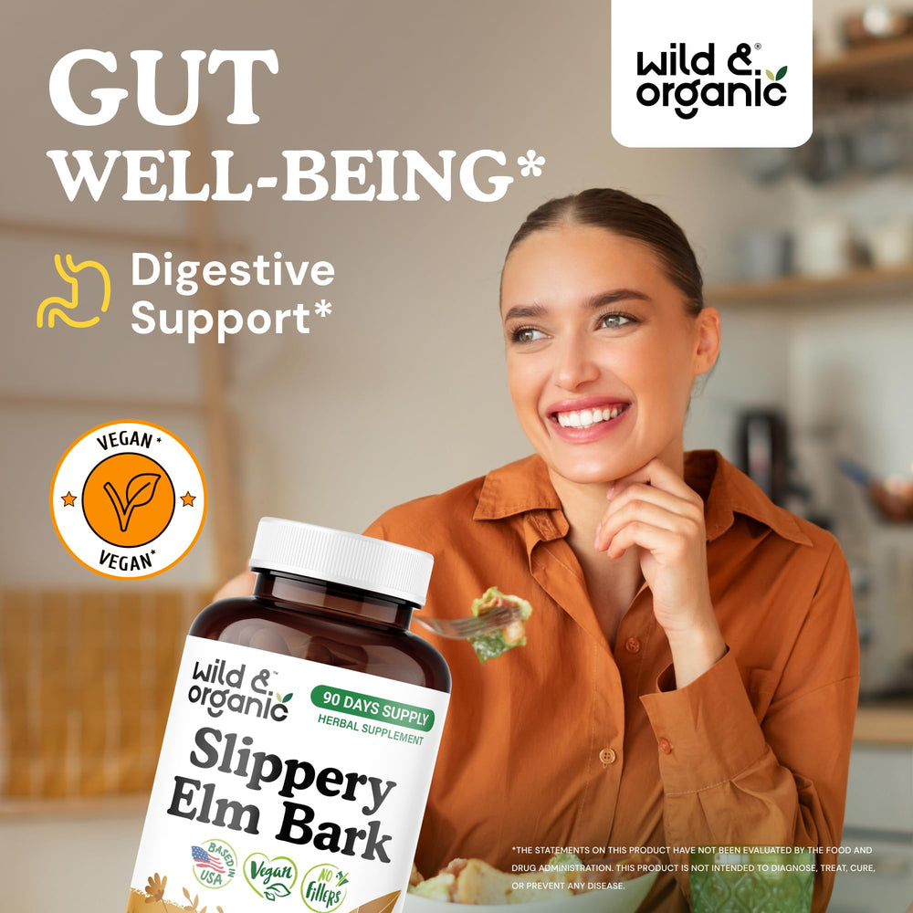 Wild & Organic Slippery Elm Bark Capsules closeup highlights vegan formula