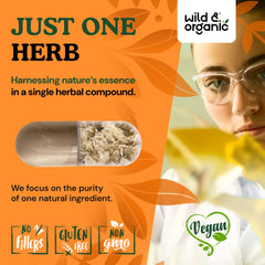 Wild & Organic capsules with vegetable cellulose coating indicate vegan-friendly swallowing.