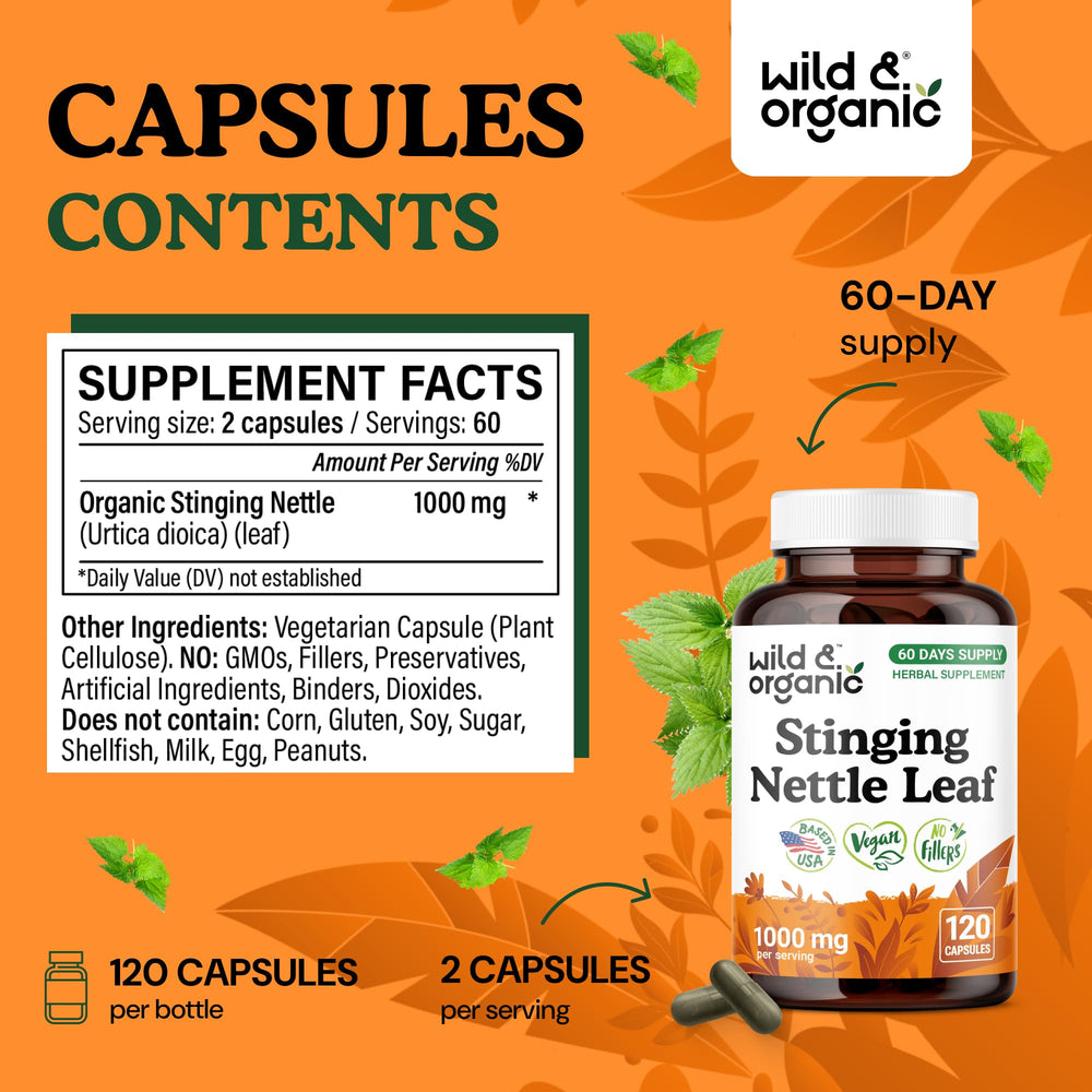 Pouring Wild & Organic stinging nettle capsules demonstrates convenient daily serving