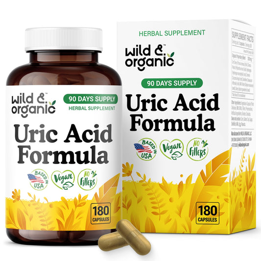 Wild and Organic Uric Acid Formula bottle pour supports easy daily use.