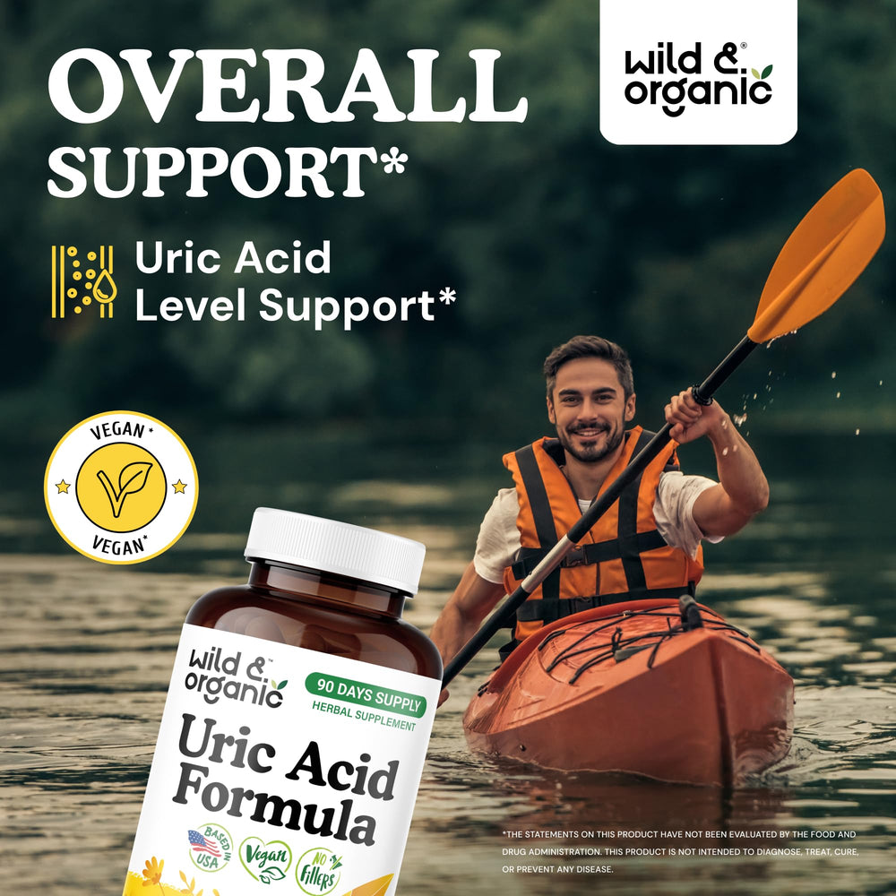 Wild and Organic Uric Acid Formula capsules close-up highlights quality and smooth intake.