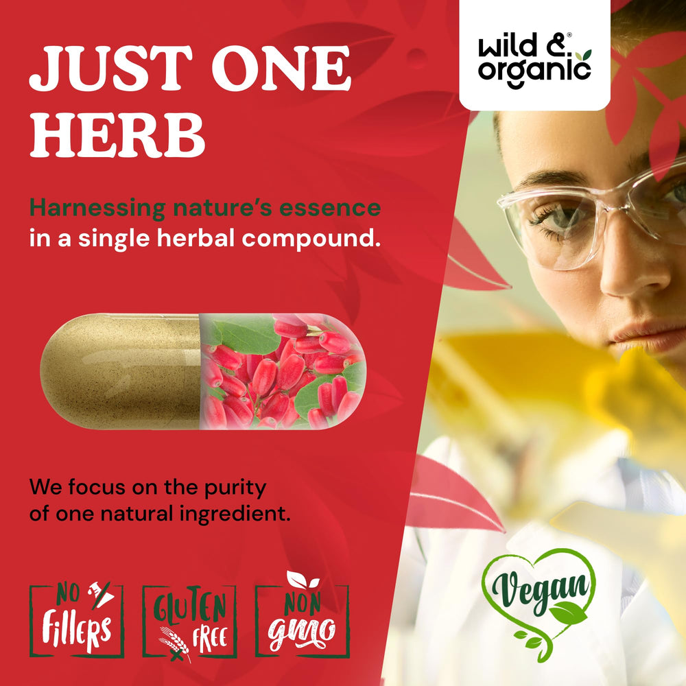 Wild & Organic vegan capsules packaging emphasizing clean, non-GMO formula