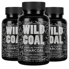 Wild Foods activated charcoal capsules front bottle for convenient detox support.