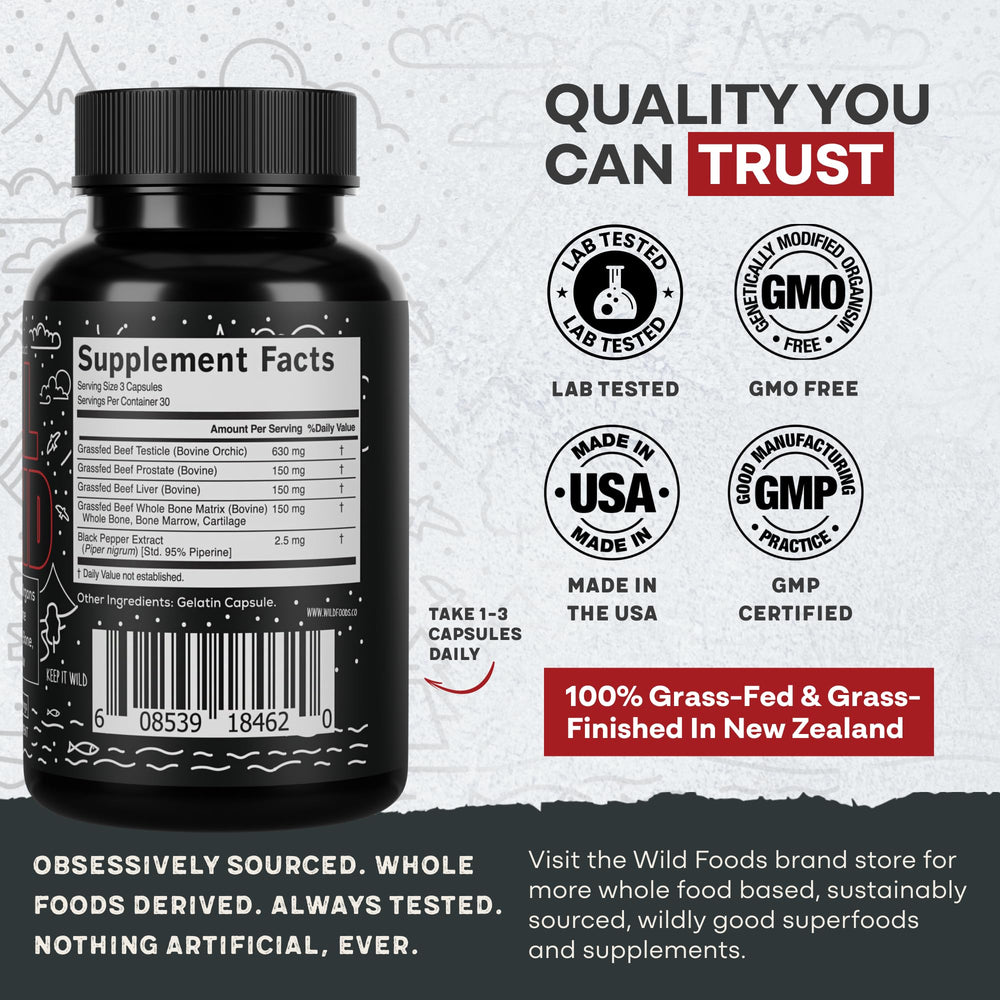 Wild Foods bone matrix capsules deliver calcium-rich nourishment from organ sources.