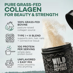 Wild Foods Collagen Peptides Powder bottle with scoop ready to mix into coffee or smoothie.